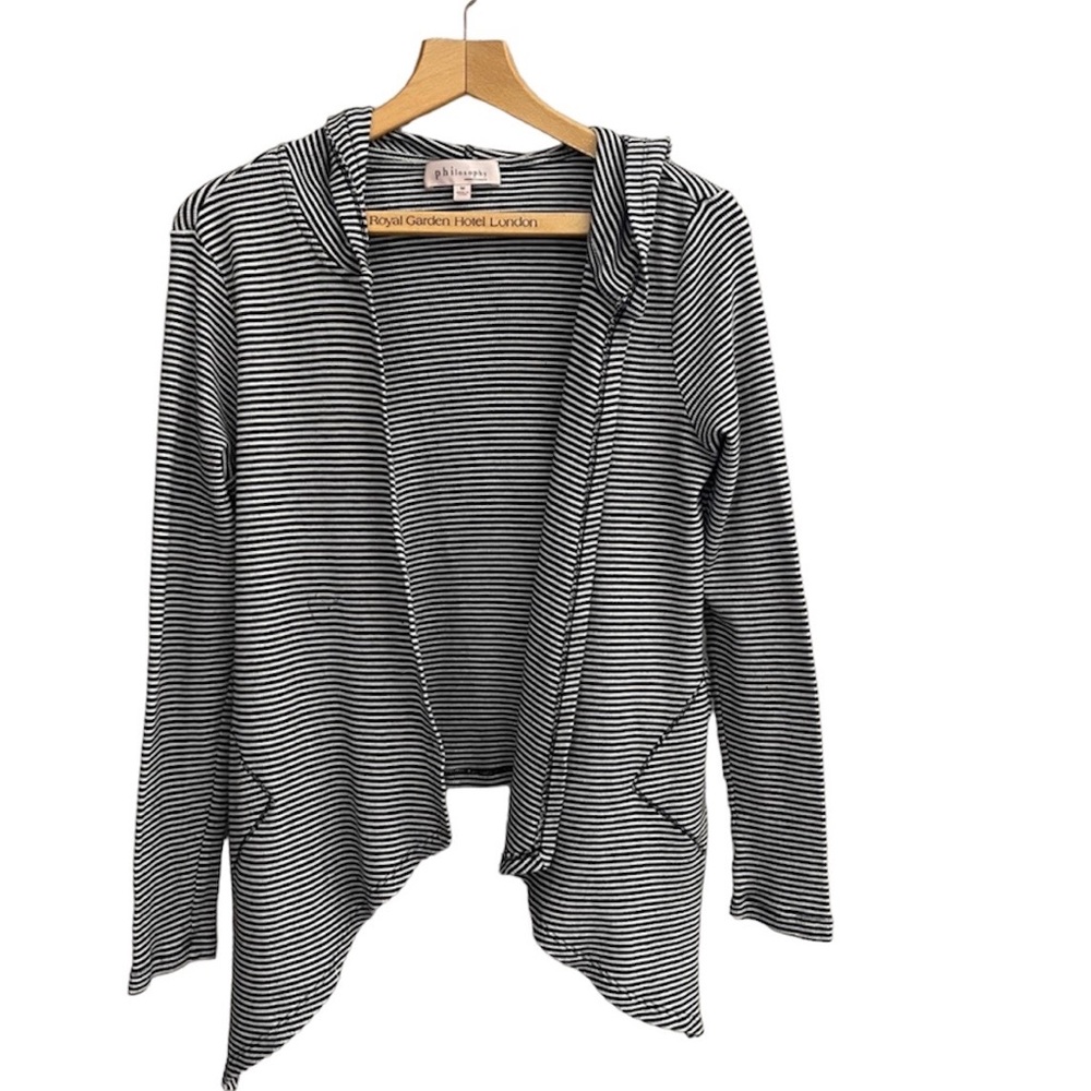 Philosophy open front cardigan with hood. Black and white. Women’s size M